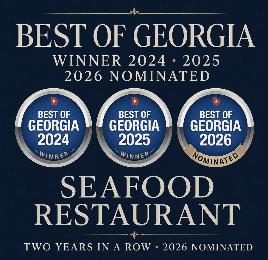 Best of Georgia award graphic — Whiskey & Water, Best Seafood Restaurant in Georgia, winner 2024 and 2025, nominated 2026