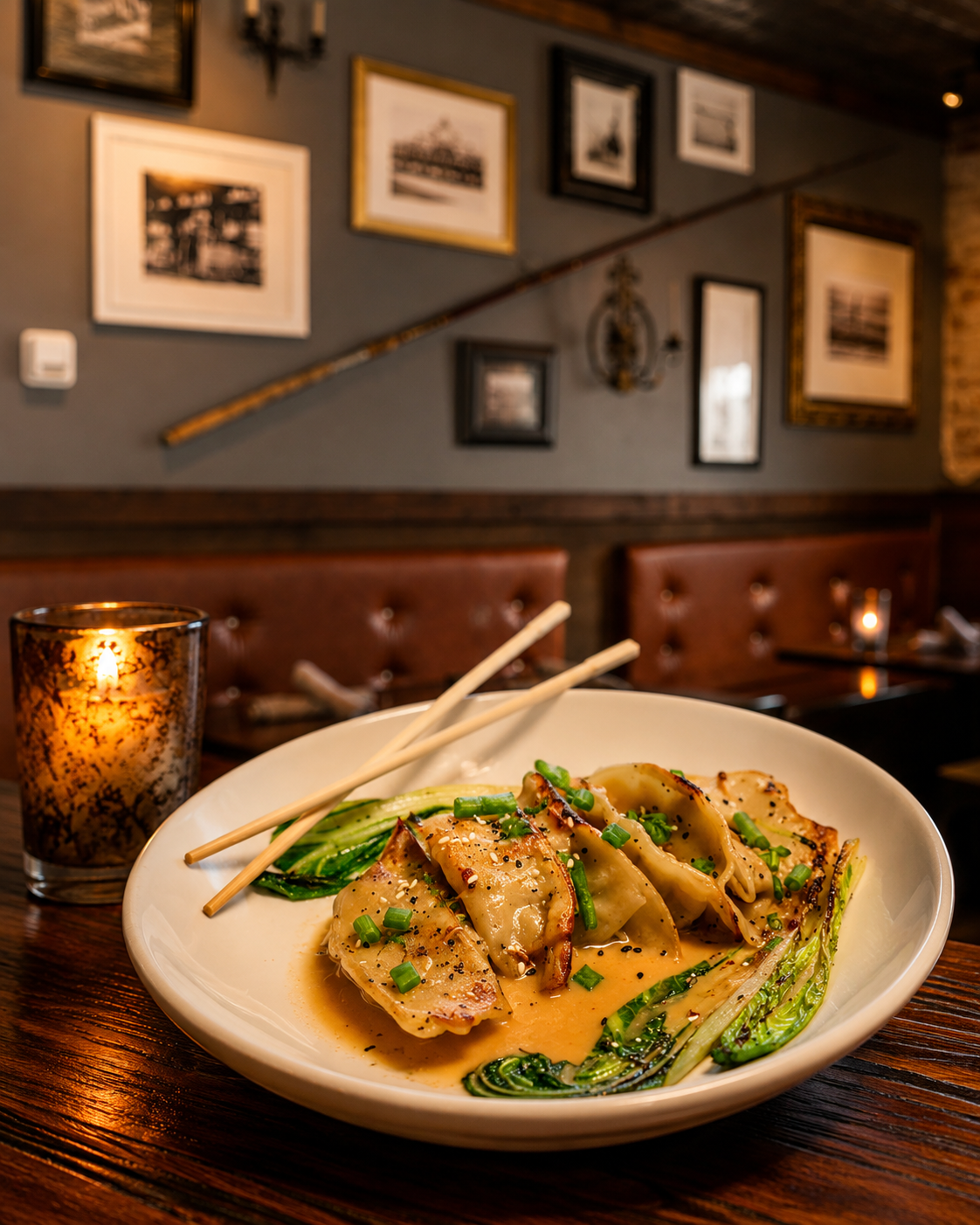 Pan seared dumplings with bok choy and chili oil, on a table in the dining room at Whiskey & Water, Blue Ridge, Georgia