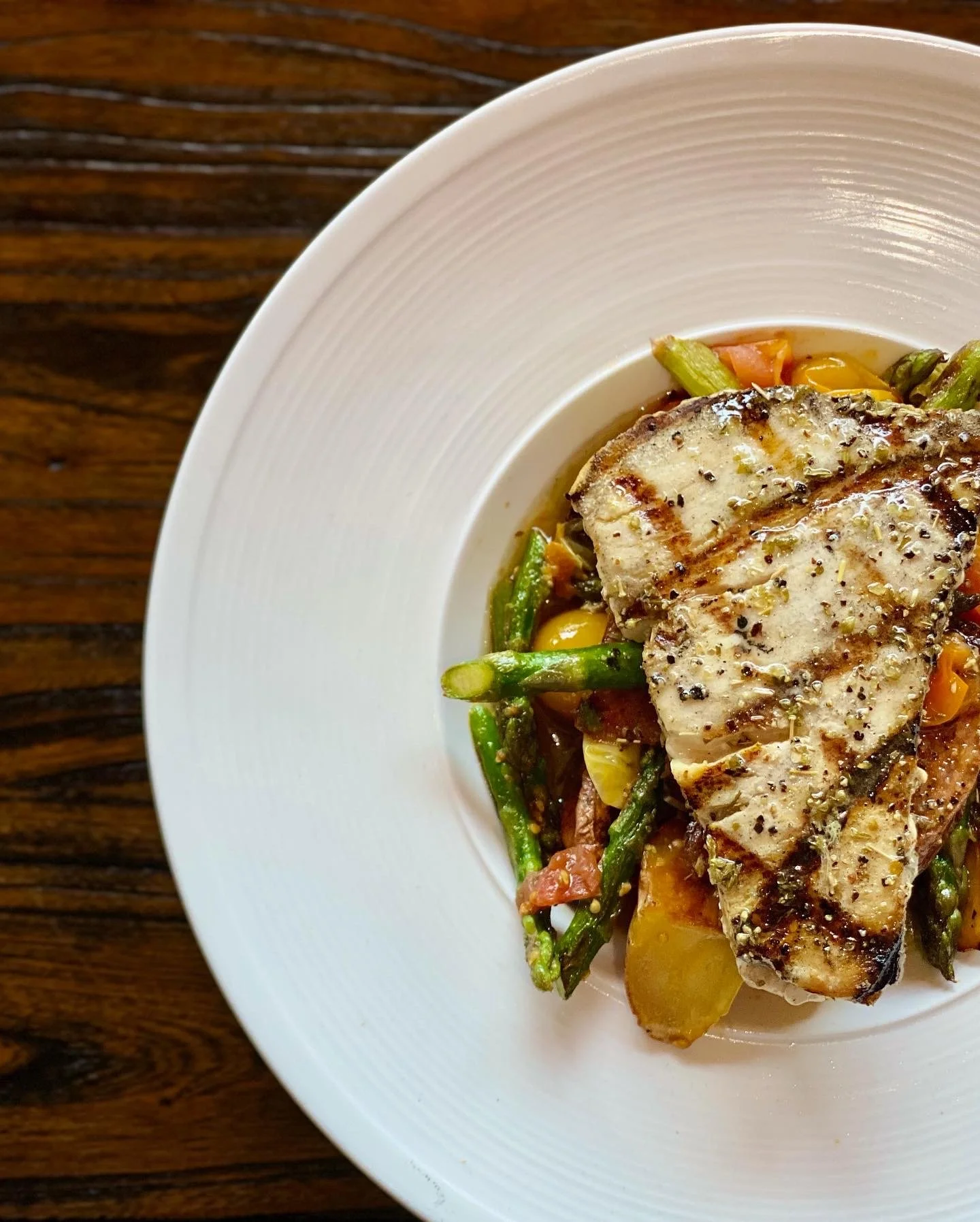 Fresh fish, simply grilled with seasonal vegetables at Whiskey & Water in Blue Ridge, Georgia